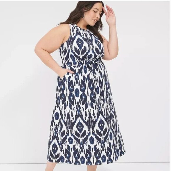 Lane Bryant Elastic-Neck Tie-Waist Midi Dress White Navy 16 - Picture 1 of 16